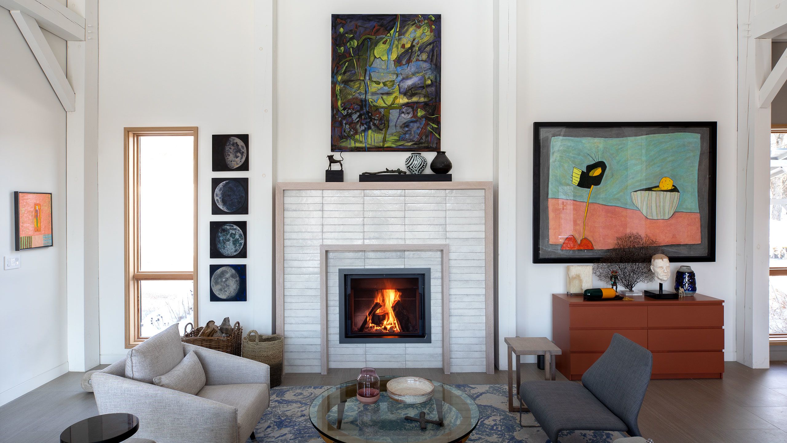 STUV engineered wood burning fireplace with Spanish tile and hand finished white oak surround