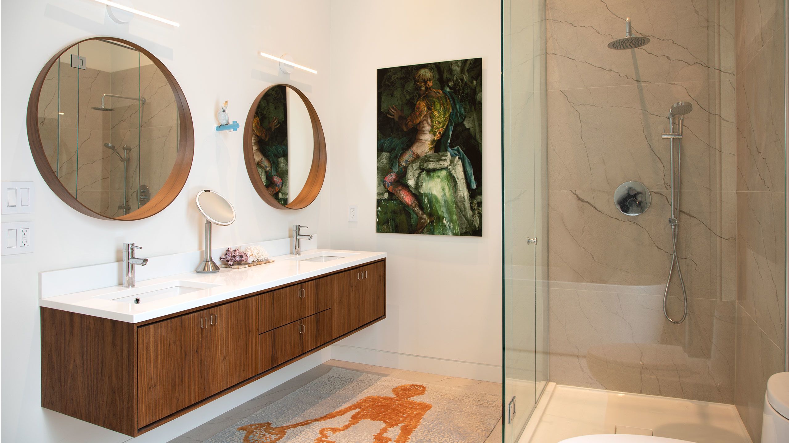 Principal Bathroom with walnut vanity and Italian porcelain tile