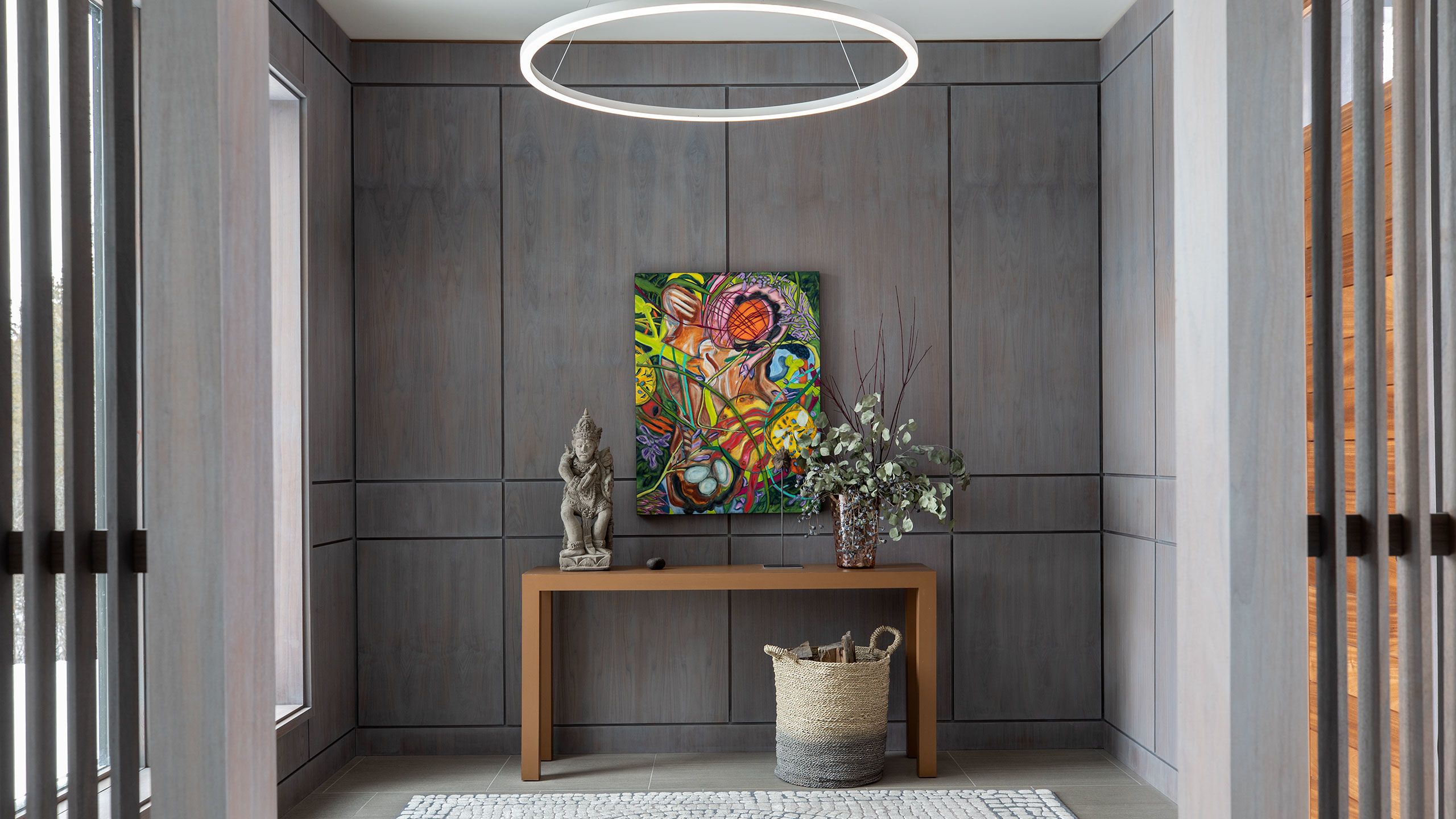 Walnut panelled Entrance Foyer detail with Custom solid mahogany Front Door.